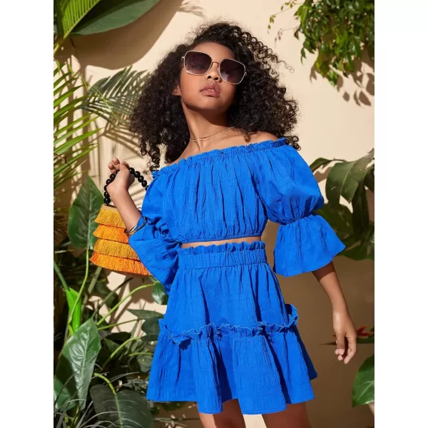 Floerns Girls 2 Piece Outfit Off Shoulder Ruffle Hem Blouse Top with Skirt Set