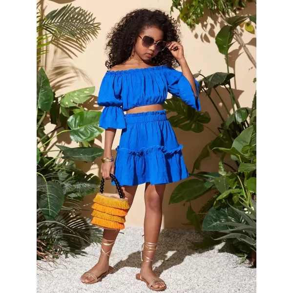 Floerns Girls 2 Piece Outfit Off Shoulder Ruffle Hem Blouse Top with Skirt Set