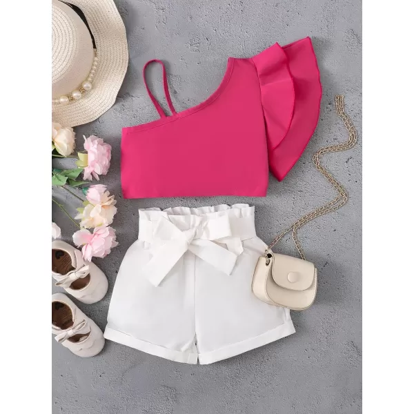 Floerns Girls 2 Piece Outfit One Shoulder Top and Bowknot Elastic Waist Shorts Set