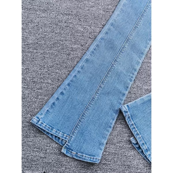 Floerns Girl's 2 Piece Outfit Square Neck Hanky Hem Tee Flare Leg Denim Pants Set