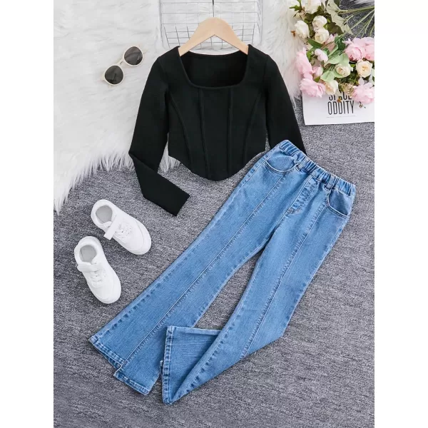 Floerns Girl's 2 Piece Outfit Square Neck Hanky Hem Tee Flare Leg Denim Pants Set
