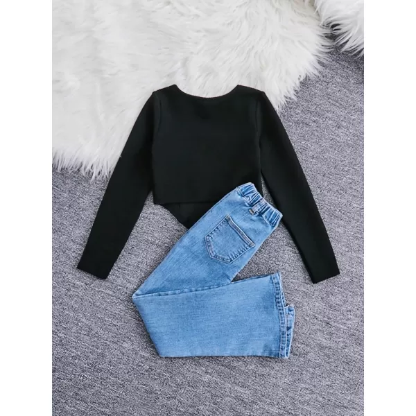 Floerns Girl's 2 Piece Outfit Square Neck Hanky Hem Tee Flare Leg Denim Pants Set