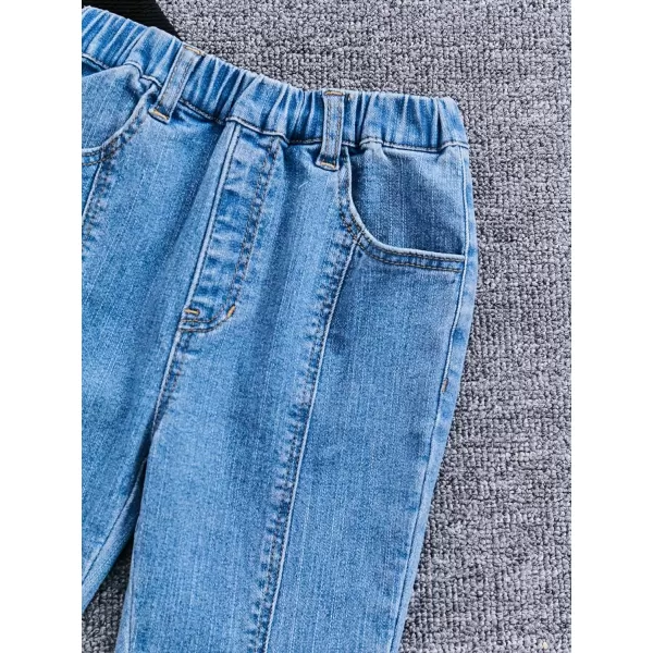 Floerns Girl's 2 Piece Outfit Square Neck Hanky Hem Tee Flare Leg Denim Pants Set