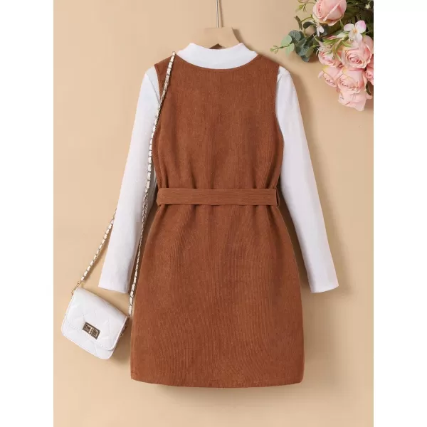 Floerns Girl's 2 Piece Outfit Tee Shirt Button Front Corduroy Overall Dress Set