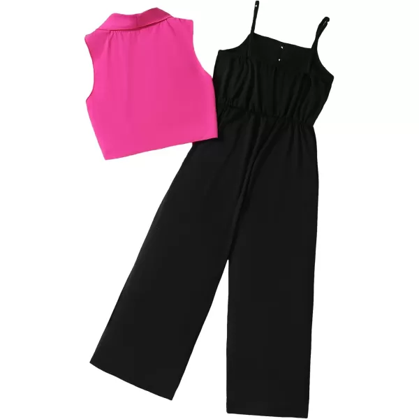 Floerns Girl's 2 Piece Outfits Waterfall Collar Open Front Vest Jacket And Wide Leg Cami Jumpsuit Set