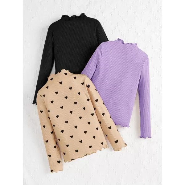 Floerns Girl's 3 Pcs Long Sleeve Lettuce Trim Long Sleeve Mock Neck Tee Shirt