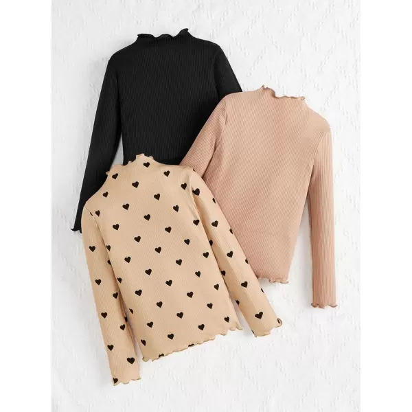 Floerns Girl's 3 Pcs Long Sleeve Lettuce Trim Long Sleeve Mock Neck Tee Shirt