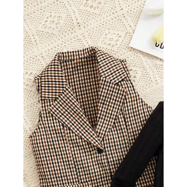 Floerns Girl's 3 Piece Outfit Plaid Vest Jacket with Mock Neck Tee Short Skirt Set