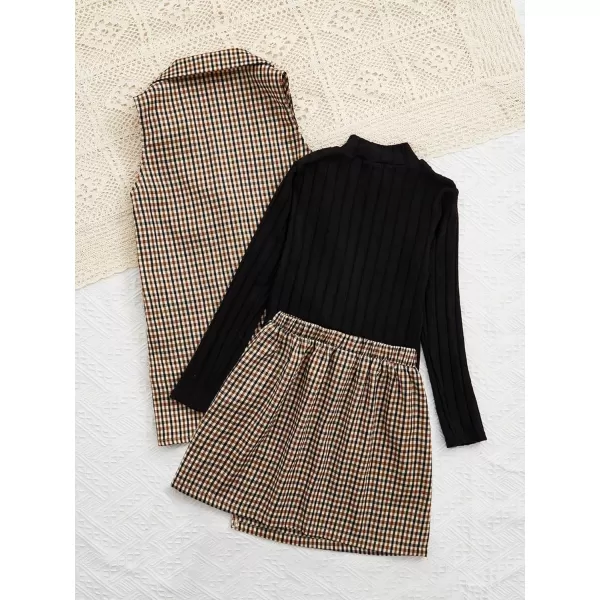 Floerns Girl's 3 Piece Outfit Plaid Vest Jacket with Mock Neck Tee Short Skirt Set