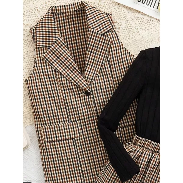 Floerns Girl's 3 Piece Outfit Plaid Vest Jacket with Mock Neck Tee Short Skirt Set