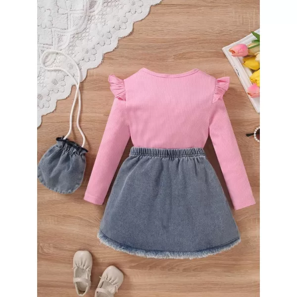Floerns Girl's 3 Piece Outfit Ruffle Trim Long Sleeve Tee Shirt Denim Skirt with Bag