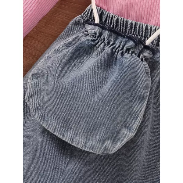 Floerns Girl's 3 Piece Outfit Ruffle Trim Long Sleeve Tee Shirt Denim Skirt with Bag