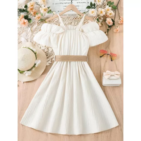 Floerns Girls Cold Shoulder Ruffle Trim Short Sleeve Belted A Line Midi Dress