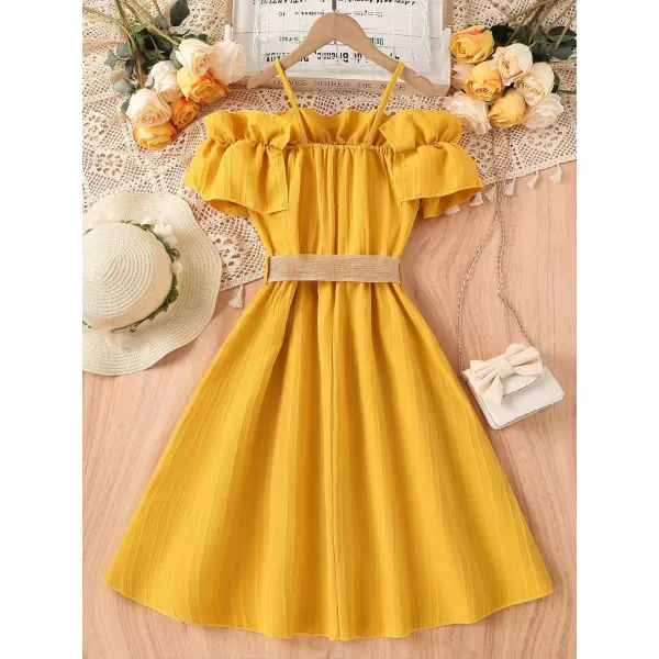 Floerns Girls Cold Shoulder Ruffle Trim Short Sleeve Belted A Line Midi Dress