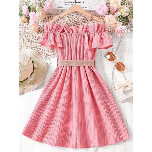 Floerns Girls Cold Shoulder Ruffle Trim Short Sleeve Belted A Line Midi Dress
