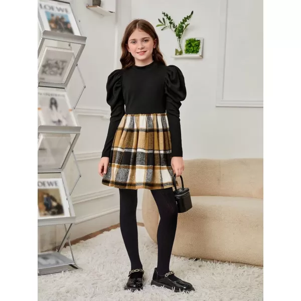 Floerns Girl's Colorblock Plaid Gigot Long Sleeve Mock Neck A Line Dress with Belt