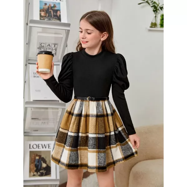 Floerns Girl's Colorblock Plaid Gigot Long Sleeve Mock Neck A Line Dress with Belt