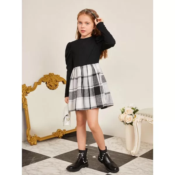 Floerns Girl's Colorblock Plaid Gigot Long Sleeve Mock Neck A Line Dress with Belt