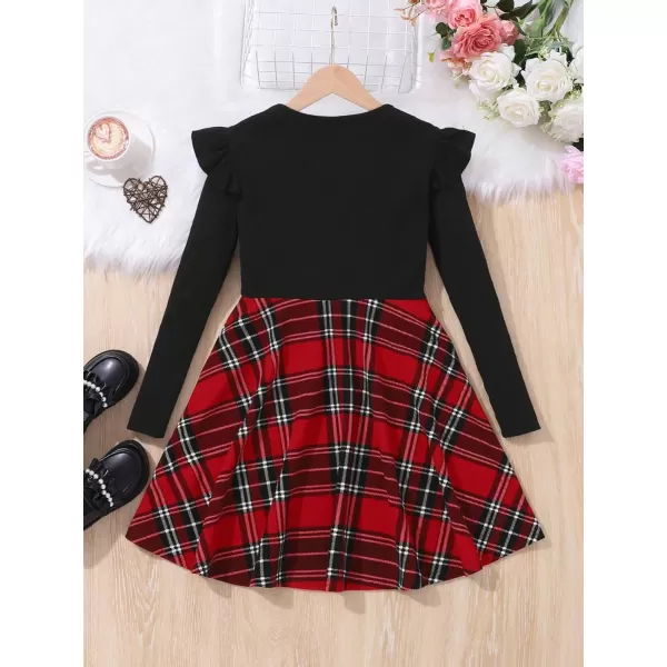Floerns Girl's Colorblock Plaid Gigot Long Sleeve Mock Neck A Line Dress with Belt