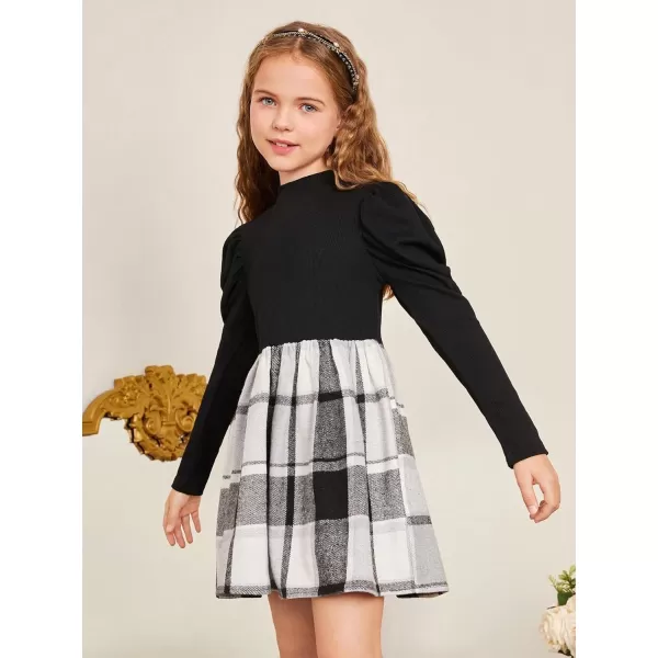 Floerns Girl's Colorblock Plaid Gigot Long Sleeve Mock Neck A Line Dress with Belt
