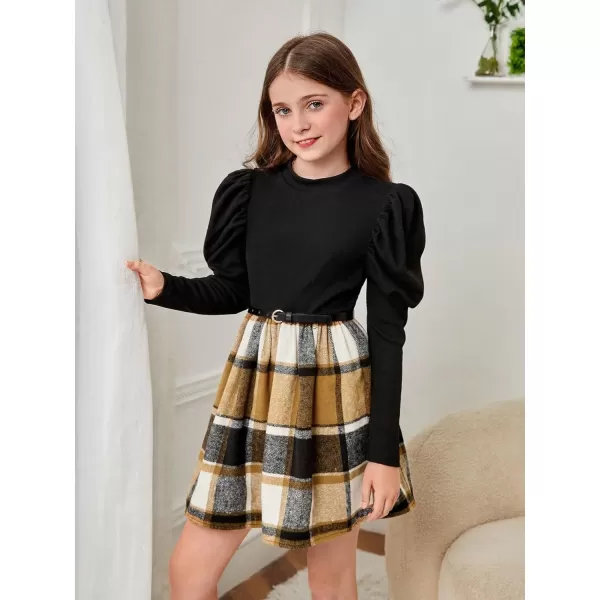 Floerns Girl's Colorblock Plaid Gigot Long Sleeve Mock Neck A Line Dress with Belt