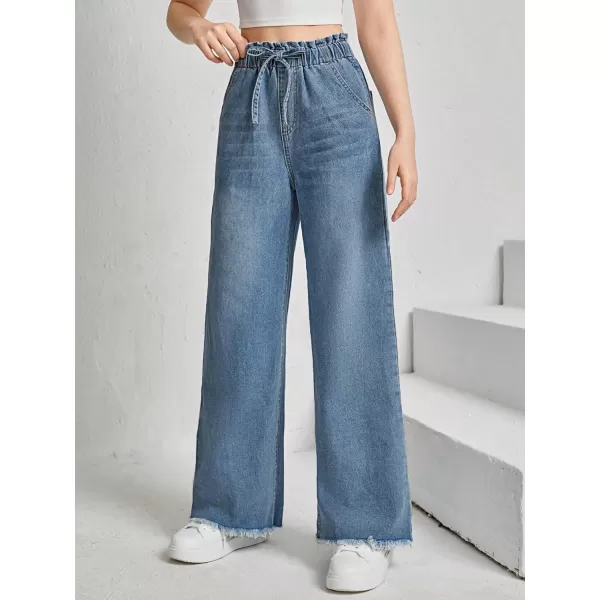 Floerns Girl's Denim Raw Hem Paperbag Waist Light Wash Slant Pocket Wide Leg Pants