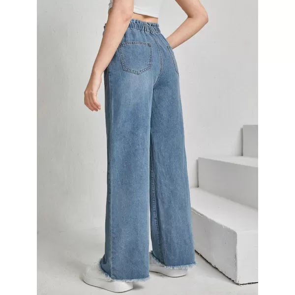 Floerns Girl's Denim Raw Hem Paperbag Waist Light Wash Slant Pocket Wide Leg Pants