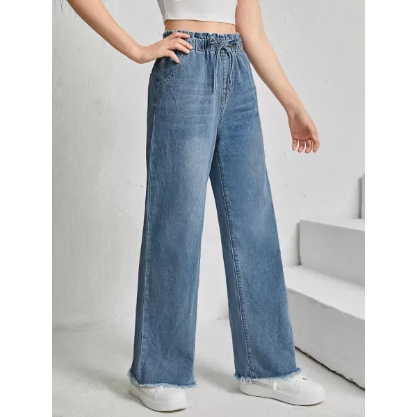 Floerns Girl's Denim Raw Hem Paperbag Waist Light Wash Slant Pocket Wide Leg Pants