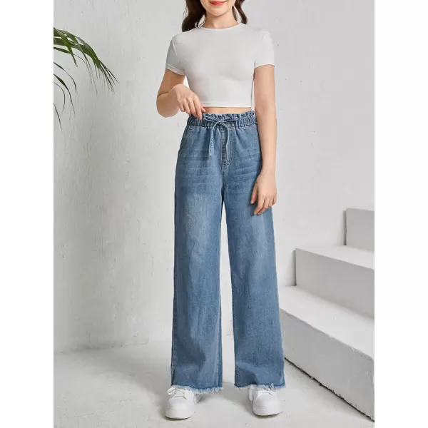 Floerns Girl's Denim Raw Hem Paperbag Waist Light Wash Slant Pocket Wide Leg Pants