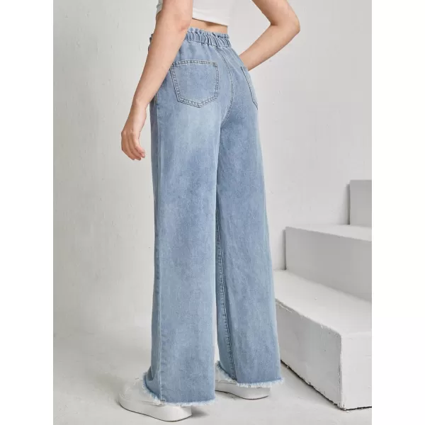 Floerns Girl's Denim Raw Hem Paperbag Waist Light Wash Slant Pocket Wide Leg Pants