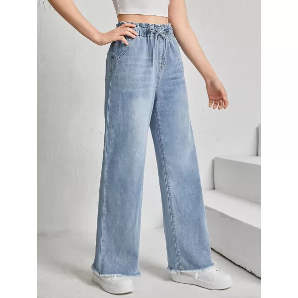 Floerns Girl's Denim Raw Hem Paperbag Waist Light Wash Slant Pocket Wide Leg Pants