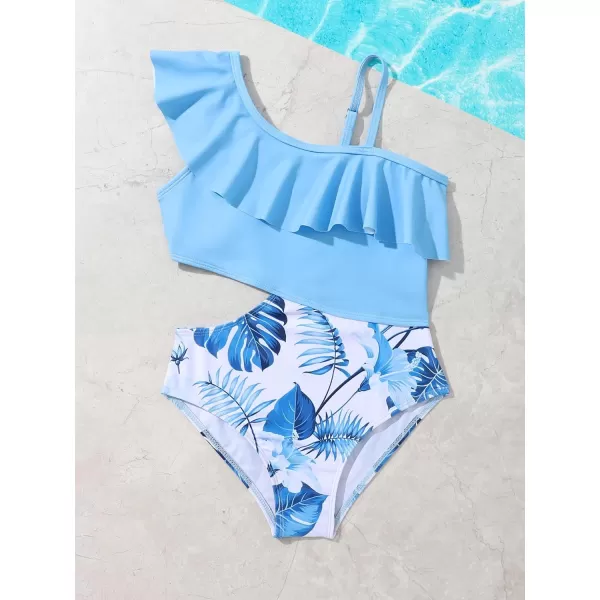 Floerns Girls Monokini Swimwear One Shoulder Ruffle Trim Cut Out One Piece Swimsuit