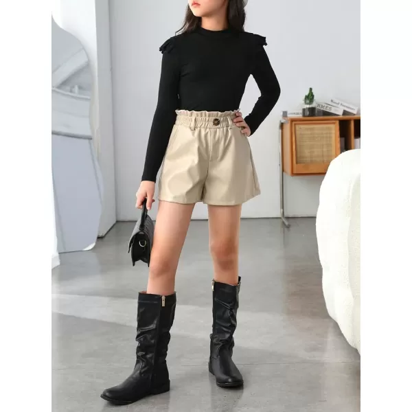 Floerns Girls Paperbag Shorts Loose Fit High Waist PU Leather Wide Leg Shorts