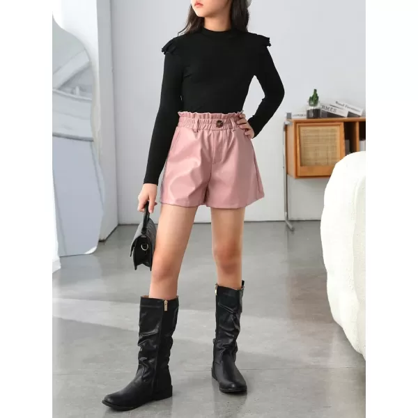Floerns Girls Paperbag Shorts Loose Fit High Waist PU Leather Wide Leg Shorts