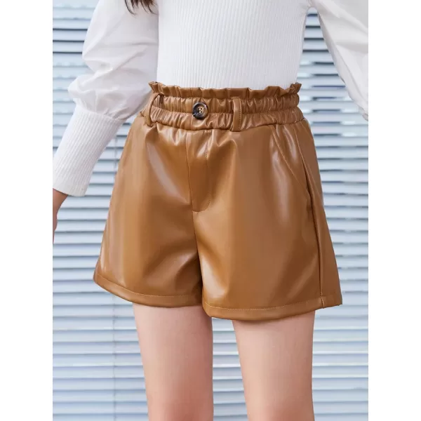 Floerns Girls Paperbag Shorts Loose Fit High Waist PU Leather Wide Leg Shorts