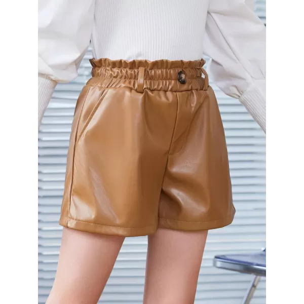 Floerns Girls Paperbag Shorts Loose Fit High Waist PU Leather Wide Leg Shorts