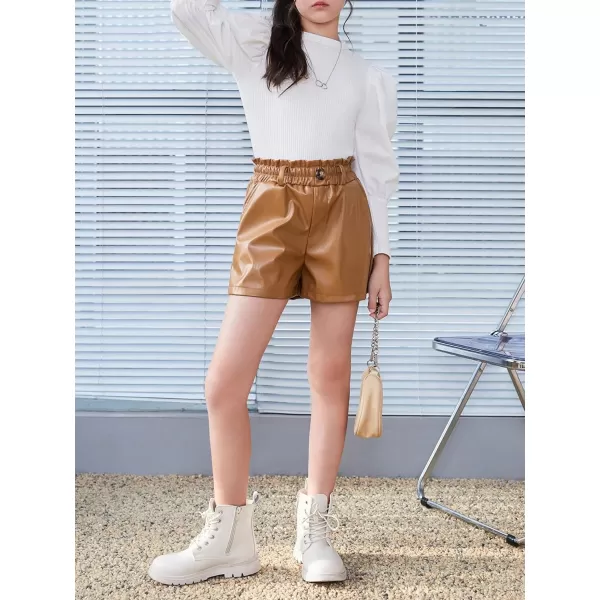Floerns Girls Paperbag Shorts Loose Fit High Waist PU Leather Wide Leg Shorts