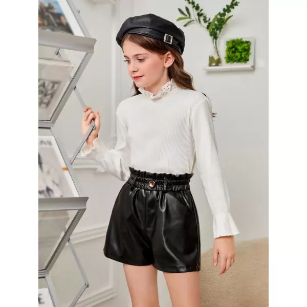 Floerns Girls Paperbag Shorts Loose Fit High Waist PU Leather Wide Leg Shorts
