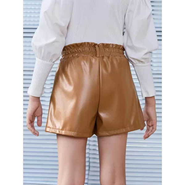 Floerns Girls Paperbag Shorts Loose Fit High Waist PU Leather Wide Leg Shorts