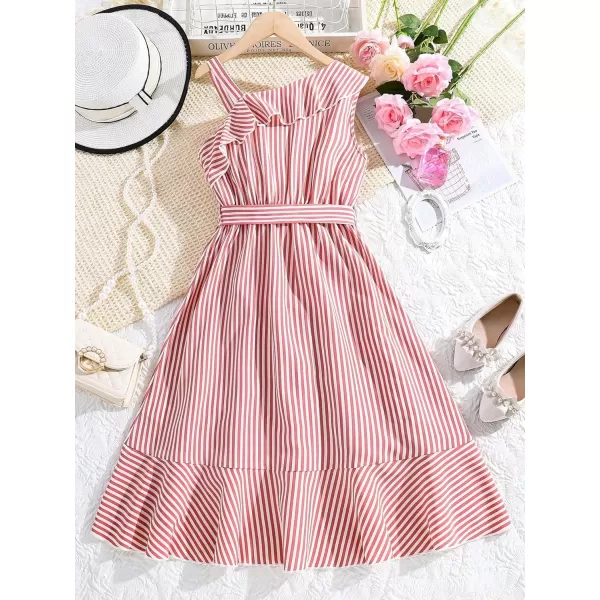 Floerns Girls Striped Print Asymmetrical Neck Sleeveless Ruffle Trim Wrap A Line Midi Dress