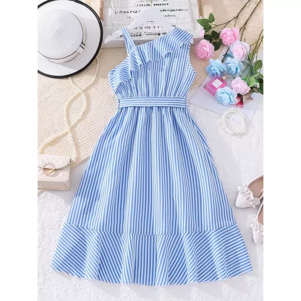 Floerns Girls Striped Print Asymmetrical Neck Sleeveless Ruffle Trim Wrap A Line Midi Dress