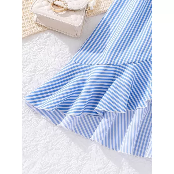 Floerns Girls Striped Print Asymmetrical Neck Sleeveless Ruffle Trim Wrap A Line Midi Dress