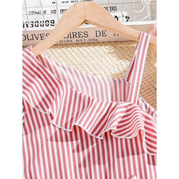 Floerns Girls Striped Print Asymmetrical Neck Sleeveless Ruffle Trim Wrap A Line Midi Dress