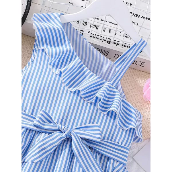 Floerns Girls Striped Print Asymmetrical Neck Sleeveless Ruffle Trim Wrap A Line Midi Dress