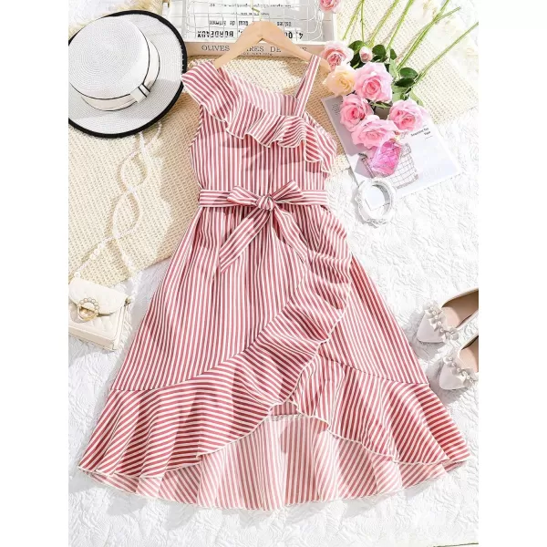 Floerns Girls Striped Print Asymmetrical Neck Sleeveless Ruffle Trim Wrap A Line Midi Dress