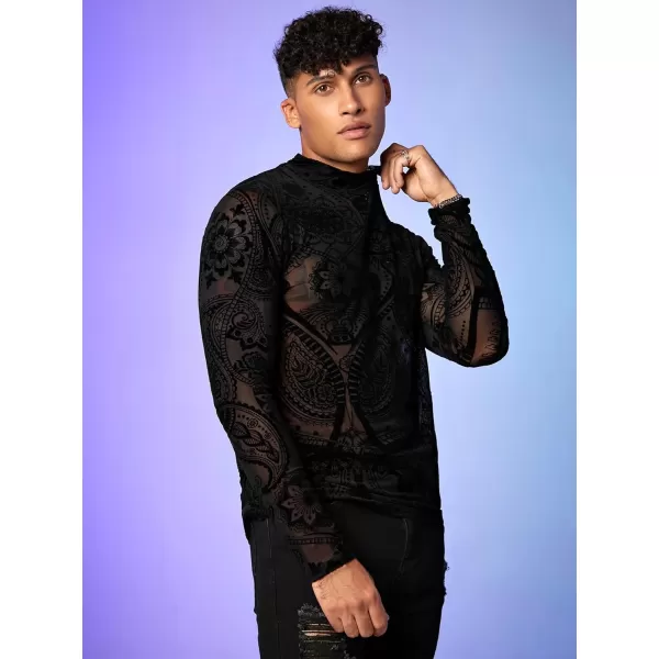 Floerns Men's All Over Print Mock Neck Long Sleeve Sheer Mesh Tee Shirt
