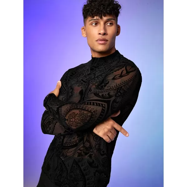 Floerns Men's All Over Print Mock Neck Long Sleeve Sheer Mesh Tee Shirt