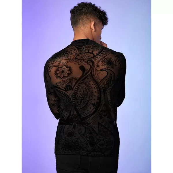 Floerns Men's All Over Print Mock Neck Long Sleeve Sheer Mesh Tee Shirt