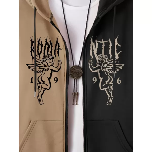 Floerns Men's Causal Graphic Print Long Sleeve Zip Up Drawstring Thermal Hoodies Sweatshirt With Pockets