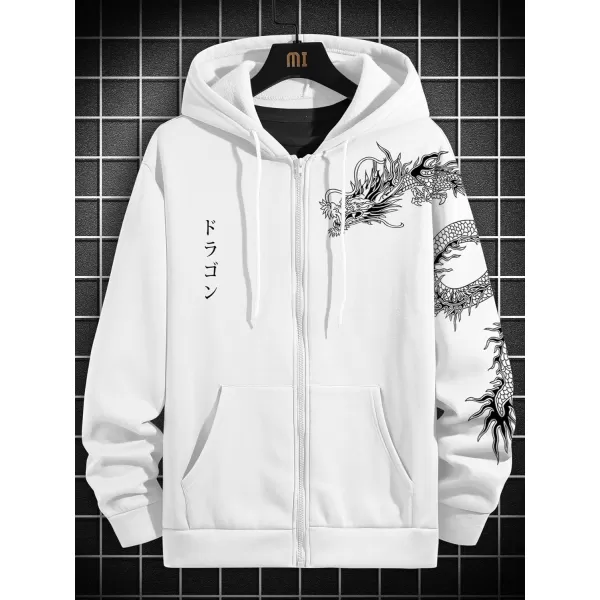 Floerns Men's Causal Graphic Print Long Sleeve Zip Up Drawstring Thermal Hoodies Sweatshirt With Pockets